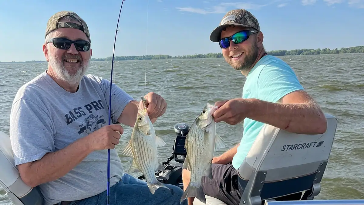 How do you know when you've found an aggressive school of white bass? When fishermen score doubles, such as Tyler Clements (right) and a friend did at Marion Reservoir in central Kansas.