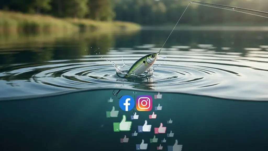 Image of a lure emerging from the water with a trail of social-media icons below.
