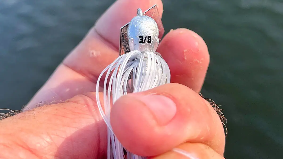Reviewing Z-Man's ChatterBait EVO HD: A close-up of the stamped weight right underneath the lure head.