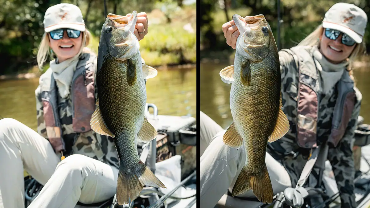 Two images of pro kayak angler Kristene Fisher, who caught what she's certain is a meanmouth bass on July 6 in Texas' Brazos River.
