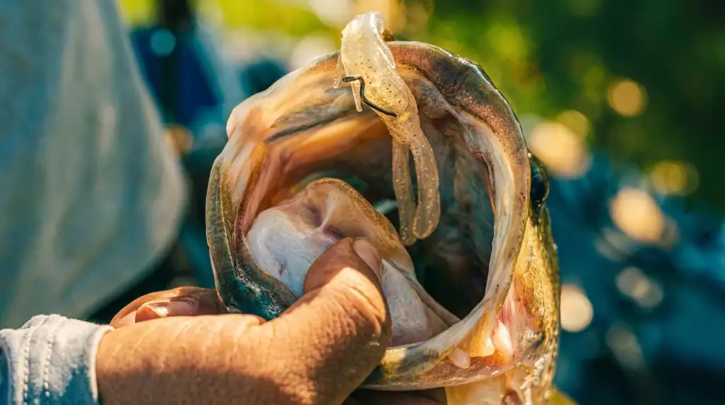 A Lake Fork Pro Hog creature bait in a bass mouth
