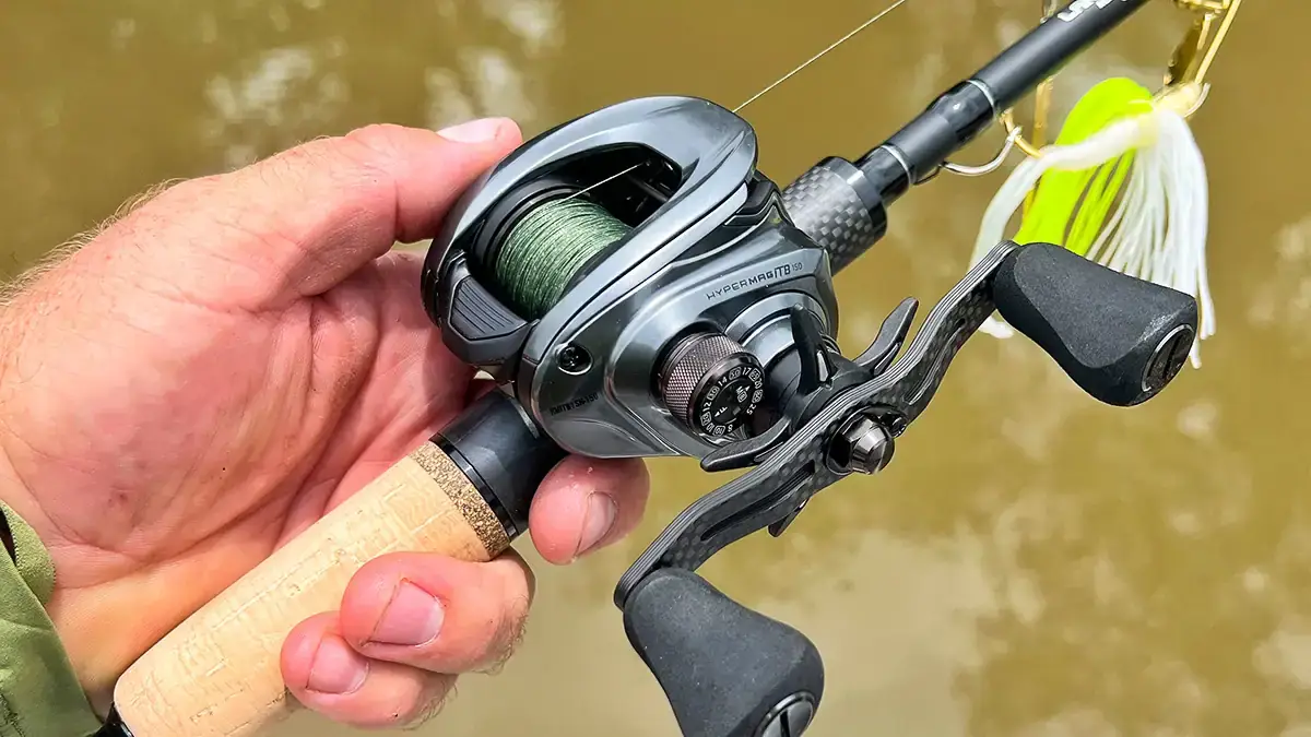 An image of Lew’s HyperMag ITB 150, outfitted with a lure.