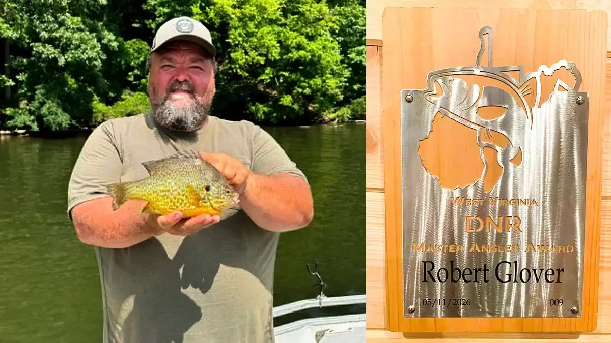 On the left, Robert Glover holds his West Virginia record-holding pumpkinseed; at right, a close-up of the Master Angler plaque he received for catching 22 species of fish in the state's waters.