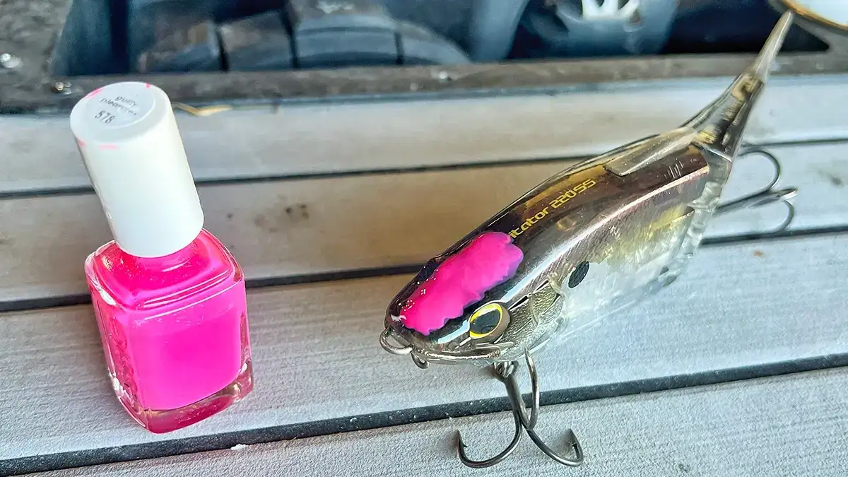 Bright nail polish can help you keep an eye on how your glidebait performs in the water.