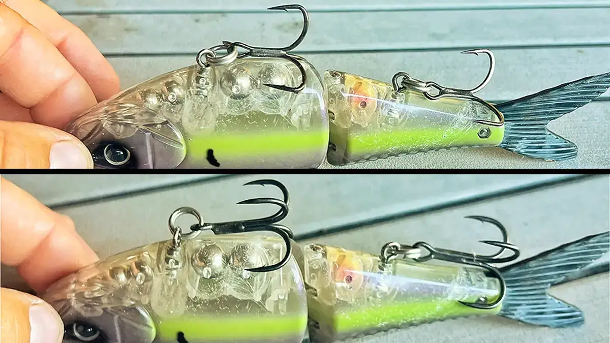 Comparing two kinds of hooks on a glidebait.